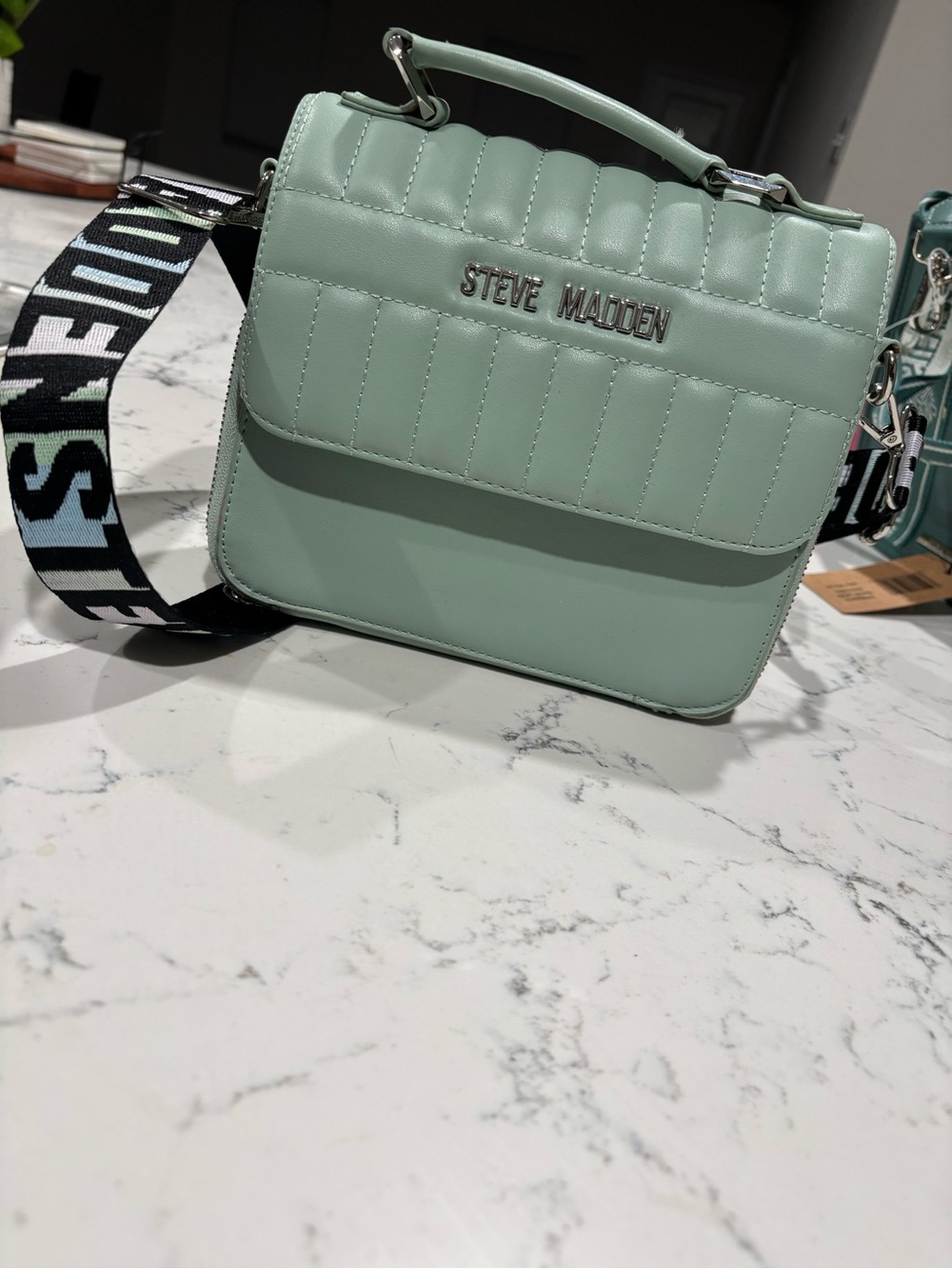 Steve Madden Mint Quilted Top-Handle Crossbody with Logo Strap